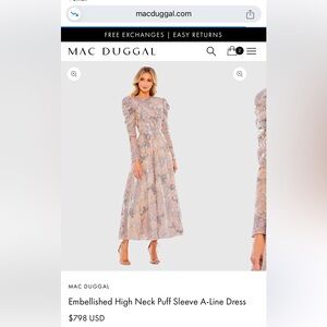 Mac Duggal Embellished High Neck Puff Sleeve A-Line Dress